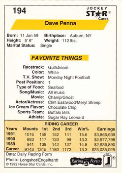 1992 Jockey Star #194 Dave Penna Back